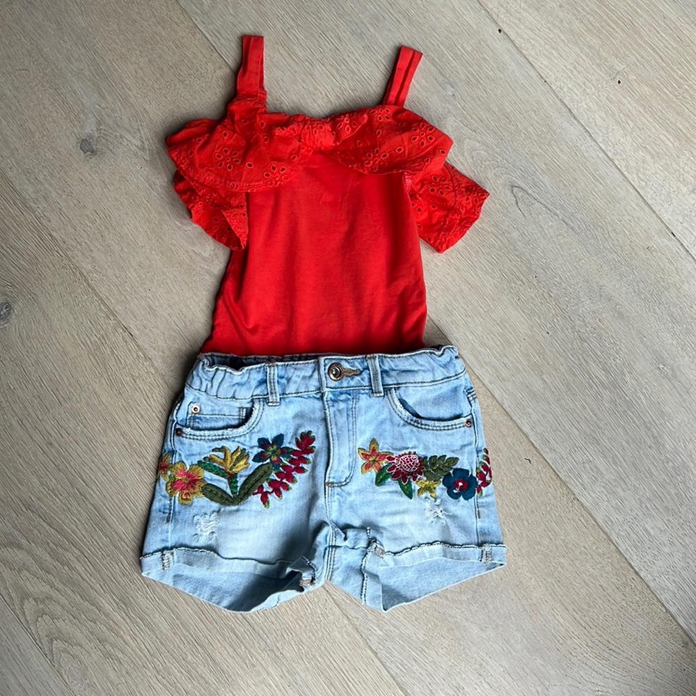 Zara Girls Ruffle Top & Embroidered Denim Jean Shorts